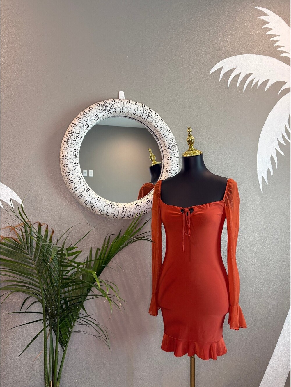 Tresser Rust Orange Long Sleeve Mini Dress with Ruffle Hem